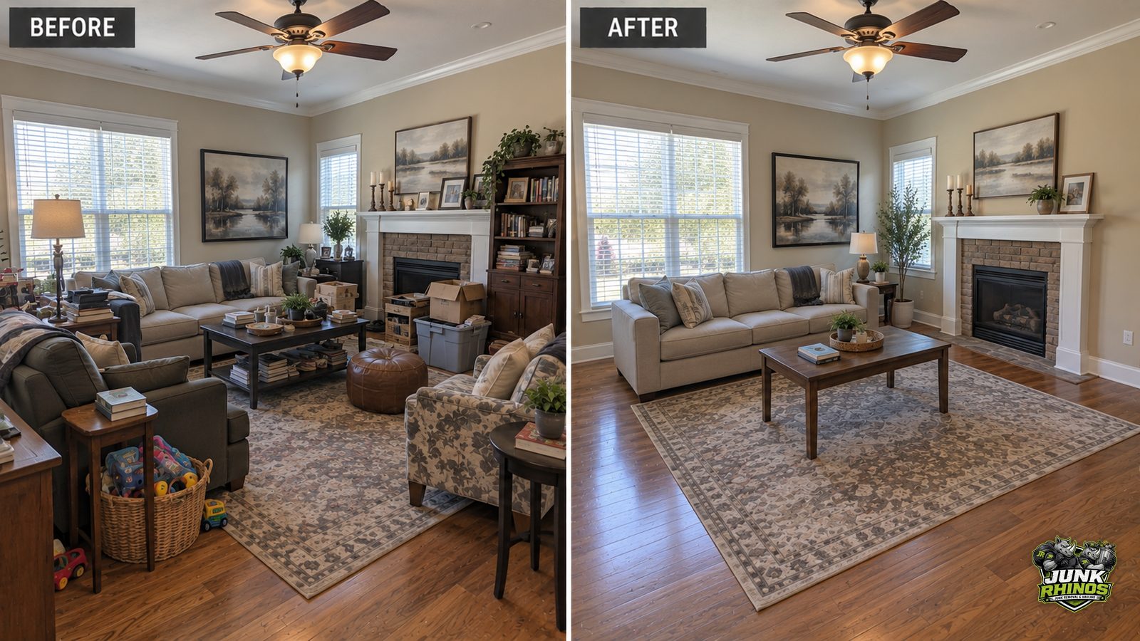 Before and after of a living room with excess furniture and clutter removed to stage the room for sale.