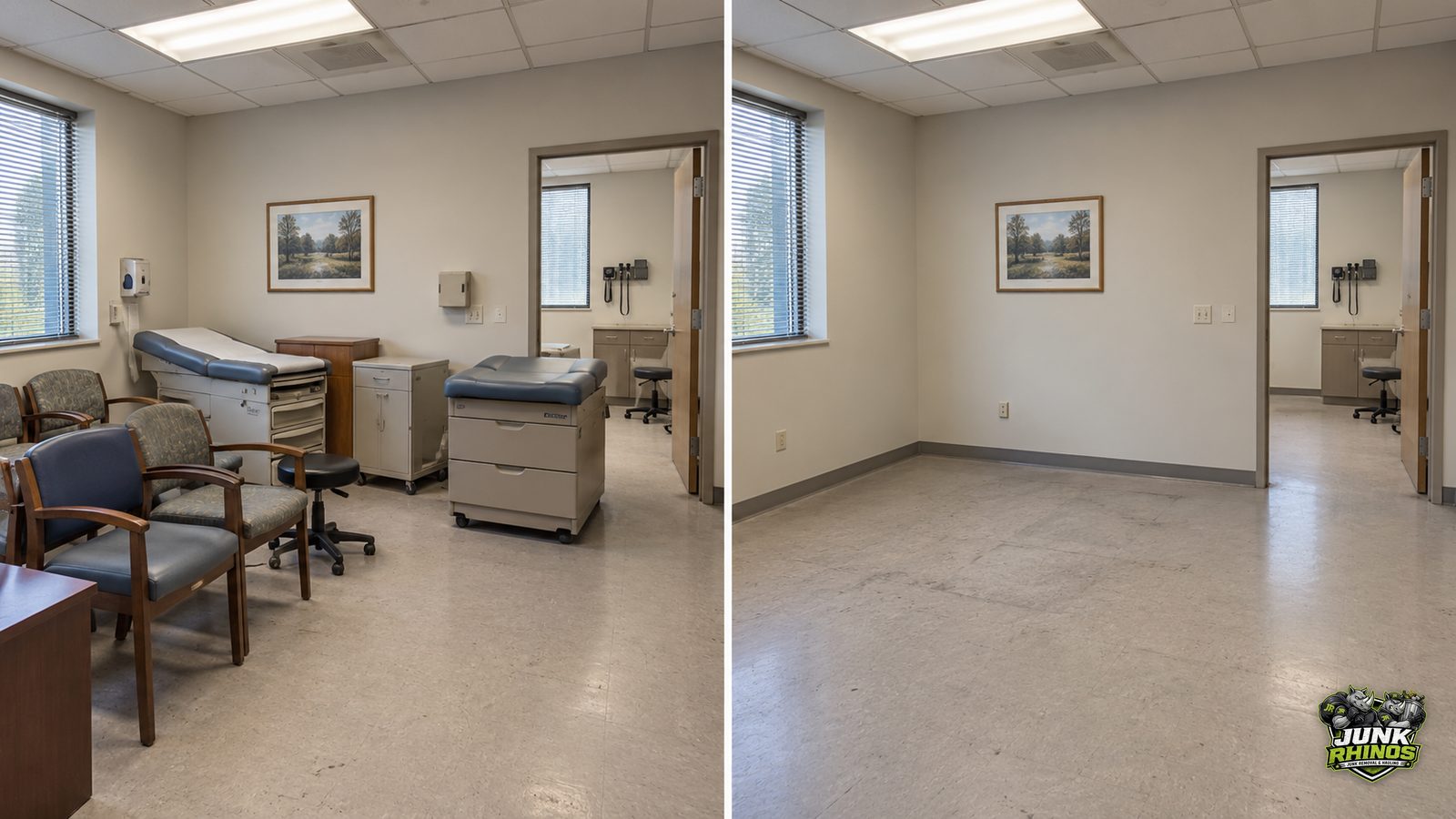 Before and after of a medical exam room cleared of the exam table, cabinets and waiting chairs.