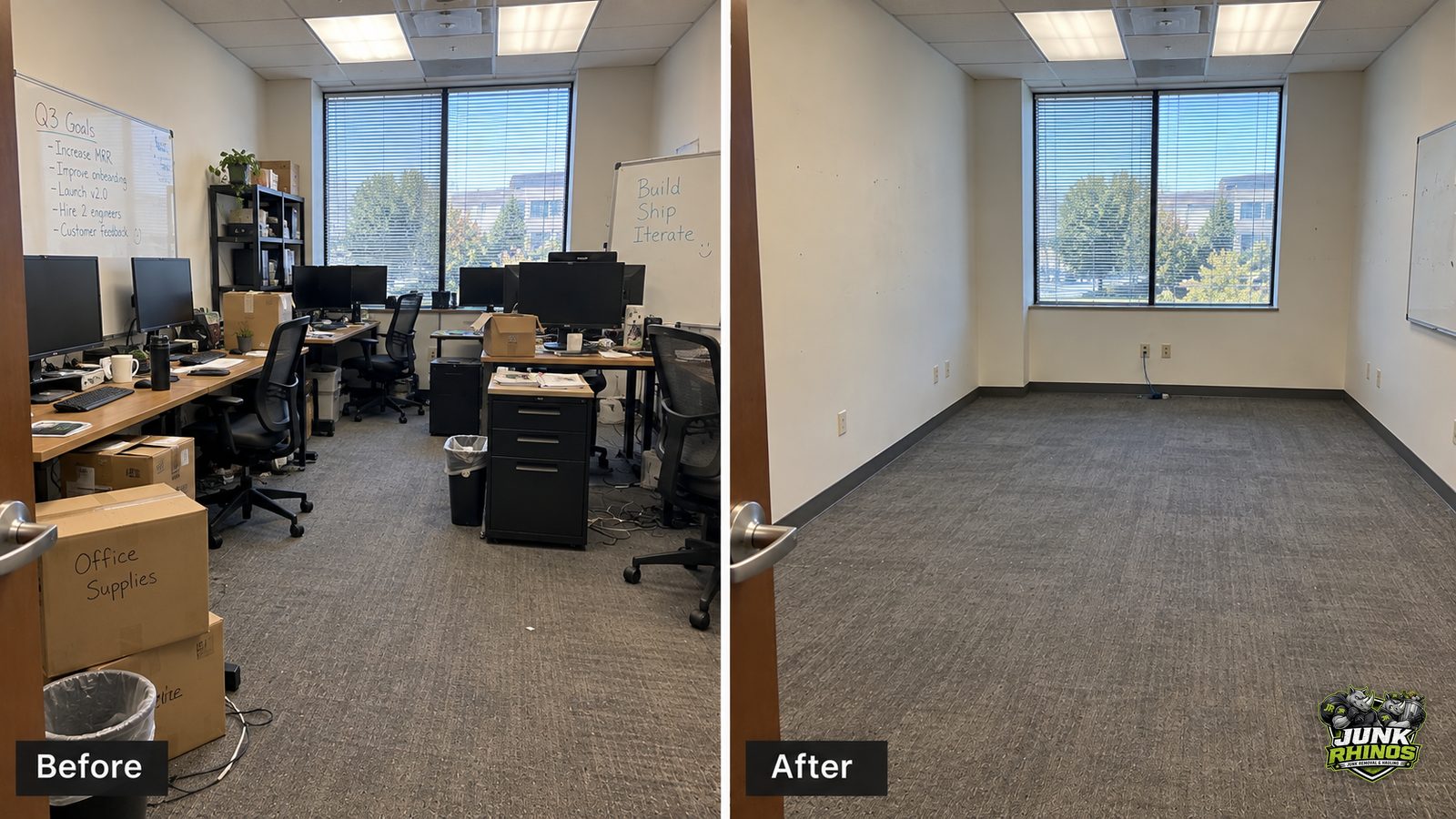 Before and after of a private office cleared of desks, monitors, filing cabinets and supply boxes.