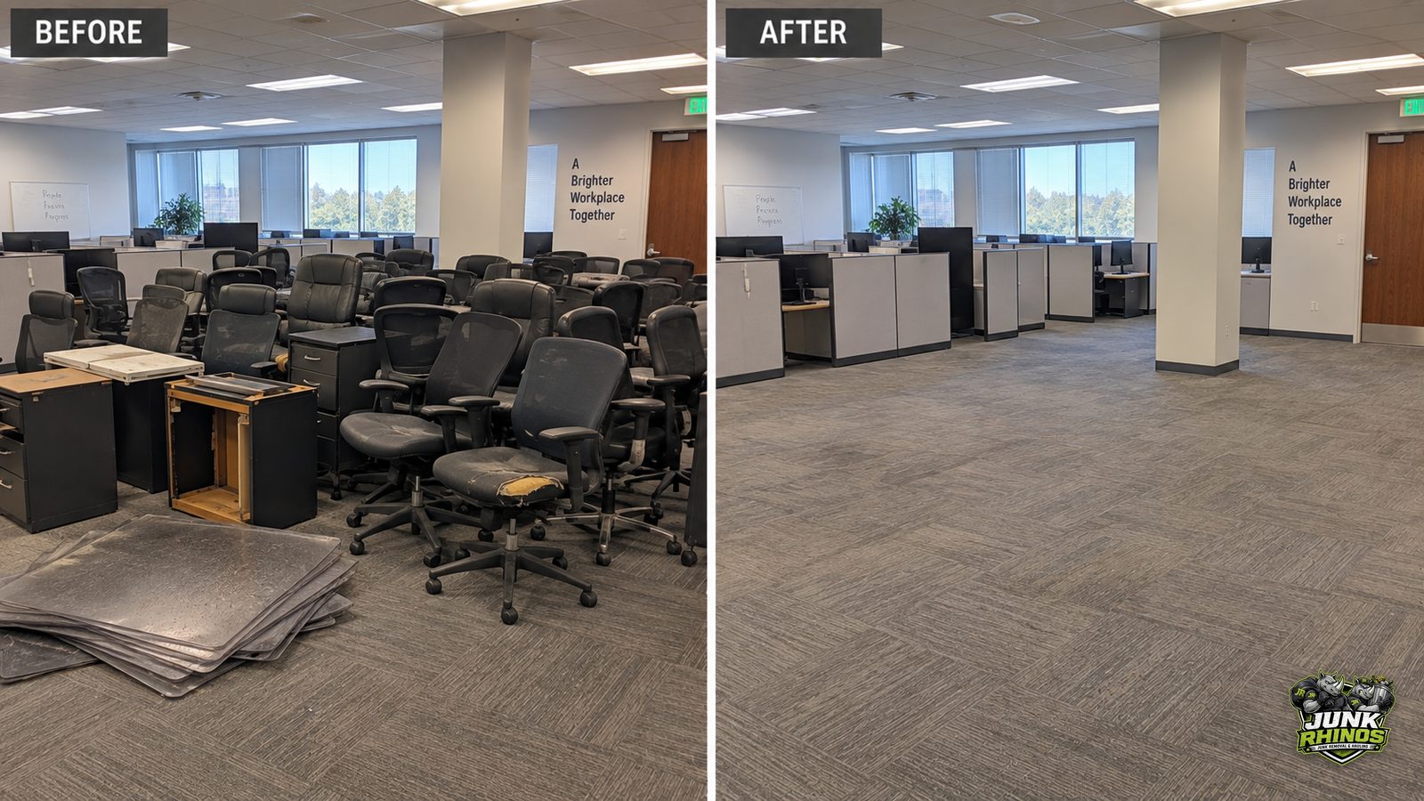 Before and after of an open-plan office with stacked desks, task chairs and cubicle panels removed.