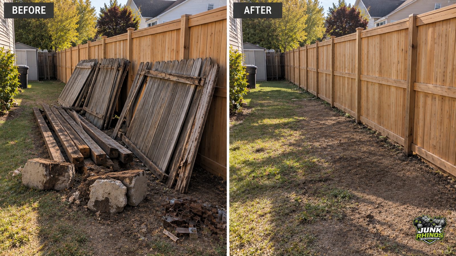 Before and after of a yard with stacked old fence panels, posts and broken concrete removed.