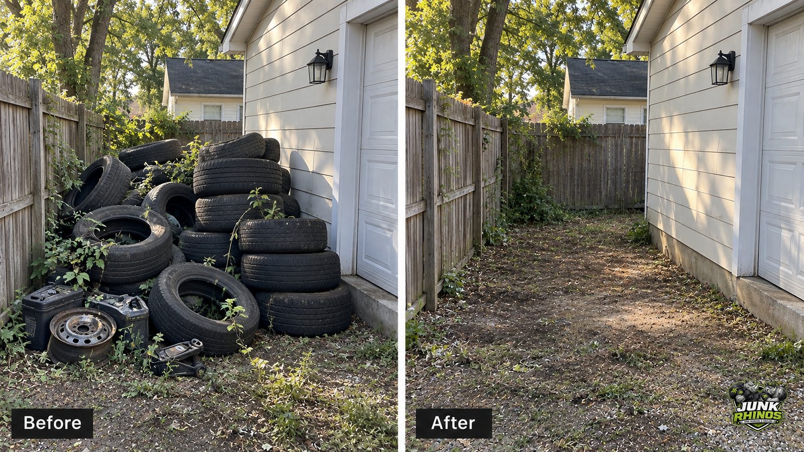 Before and after of a side yard piled with old tires and wheels, cleared and responsibly disposed of.