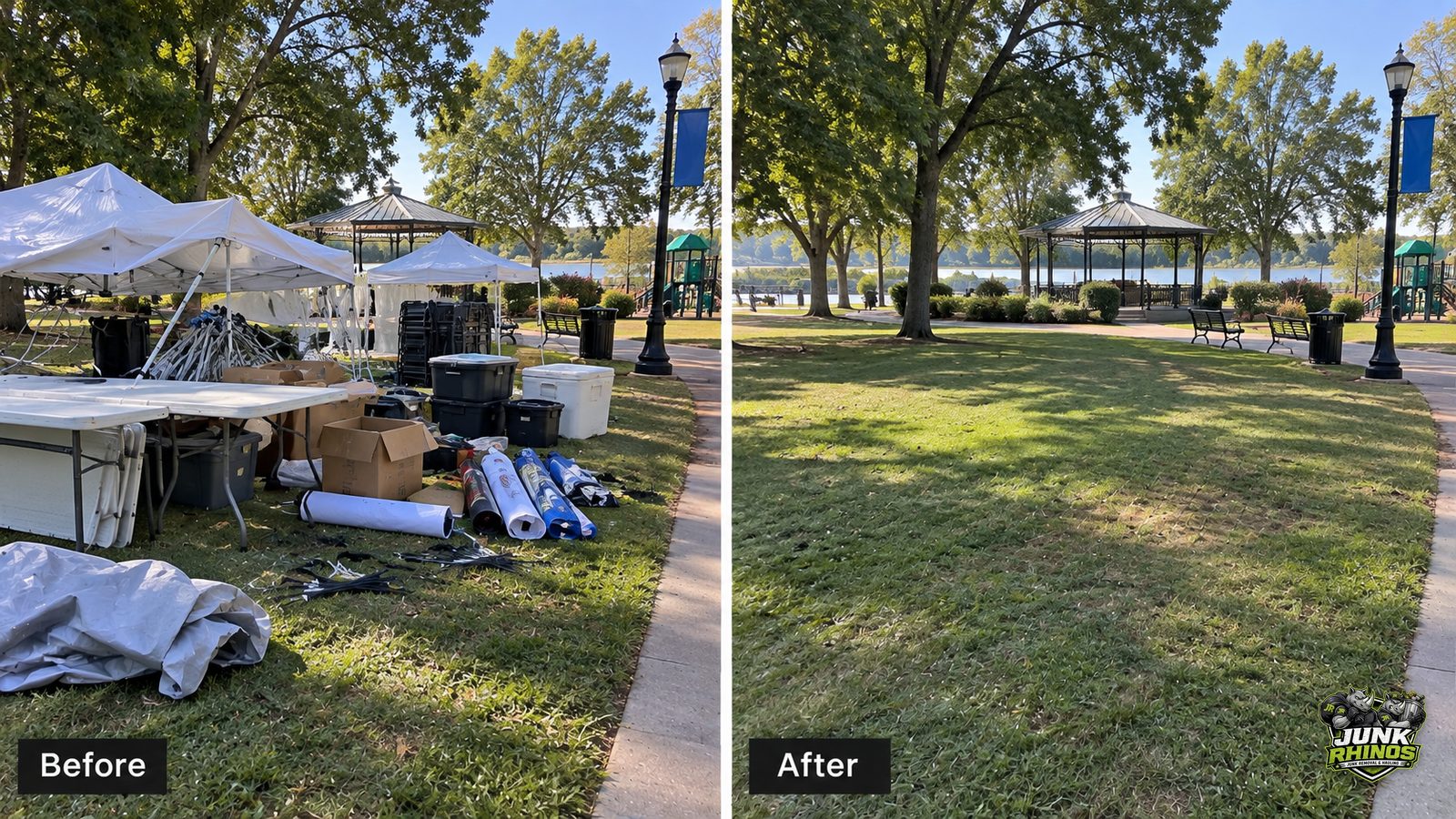 Before and after of a lakeside park cleared of event tents, tables and leftover setup materials.