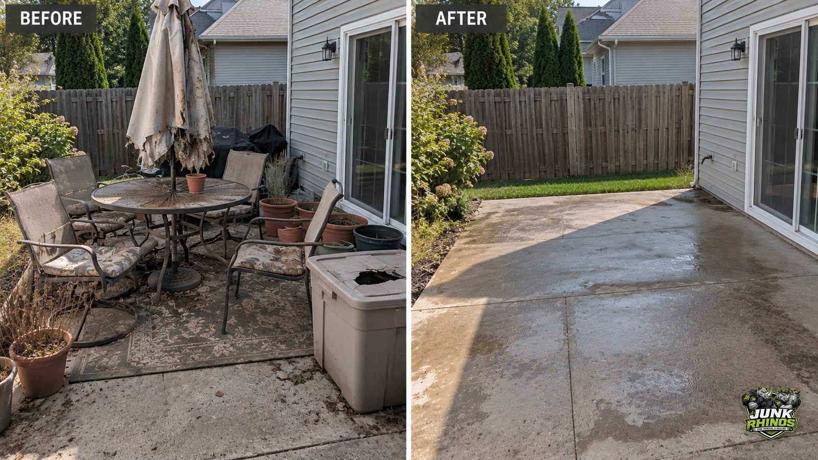 Before and after of a back patio with a rusted table, chairs, umbrella and planters removed.