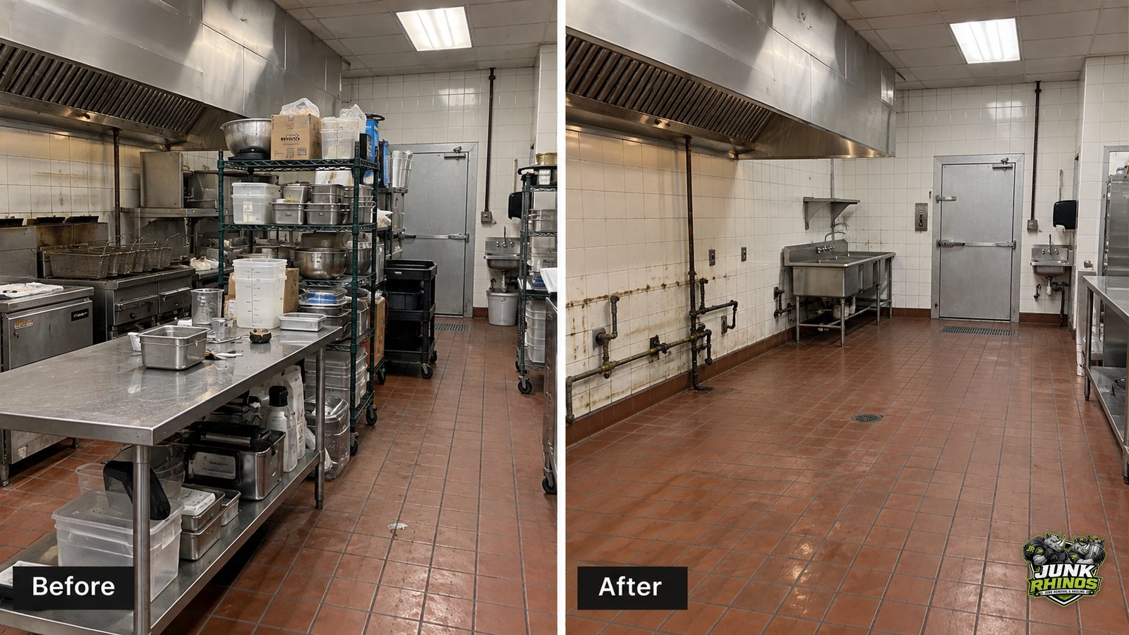 Before and after of a commercial kitchen cleared of prep tables, shelving and old cooking equipment.