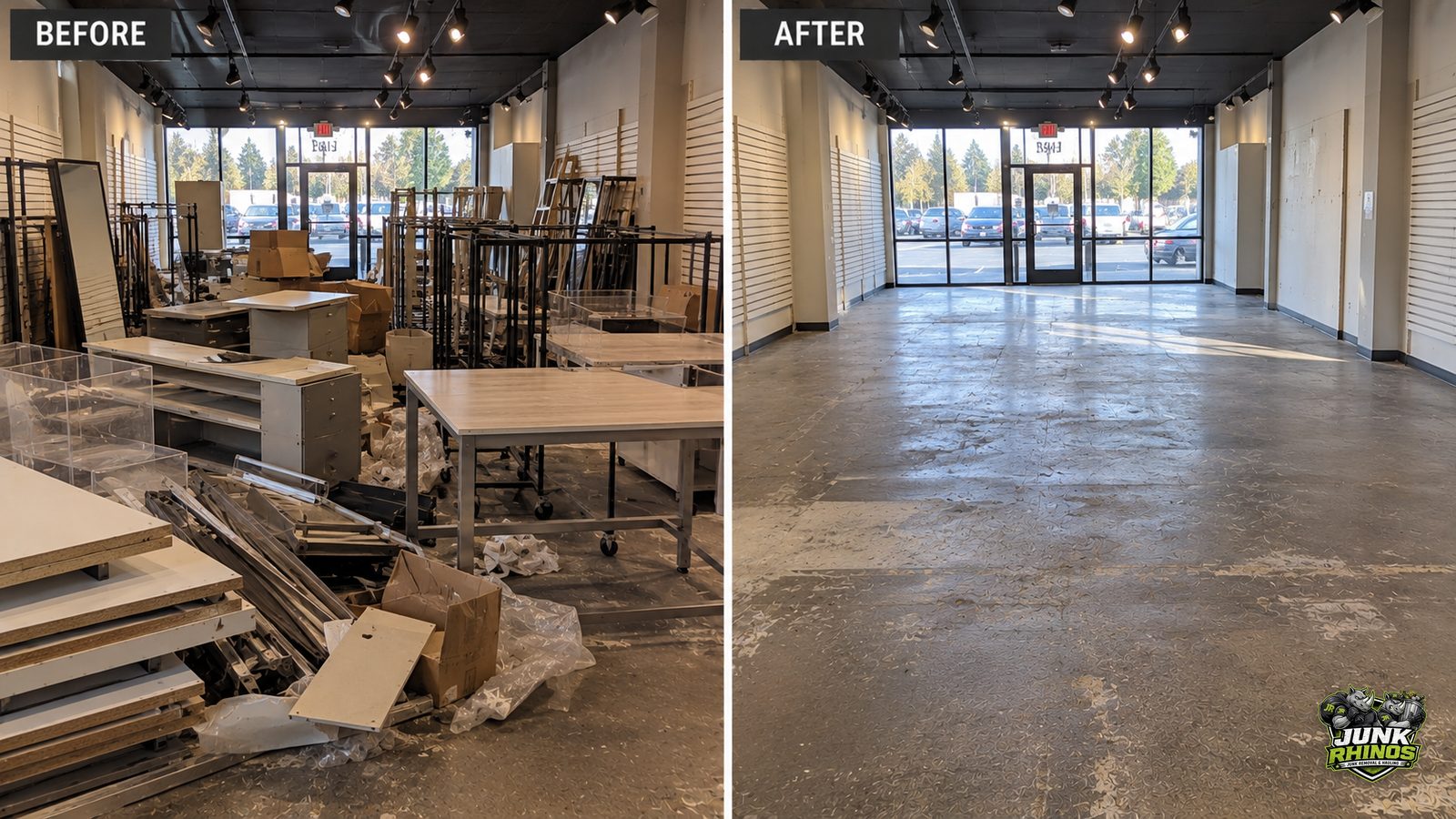 Before and after of a retail space stripped of display racks, counters and shelving.