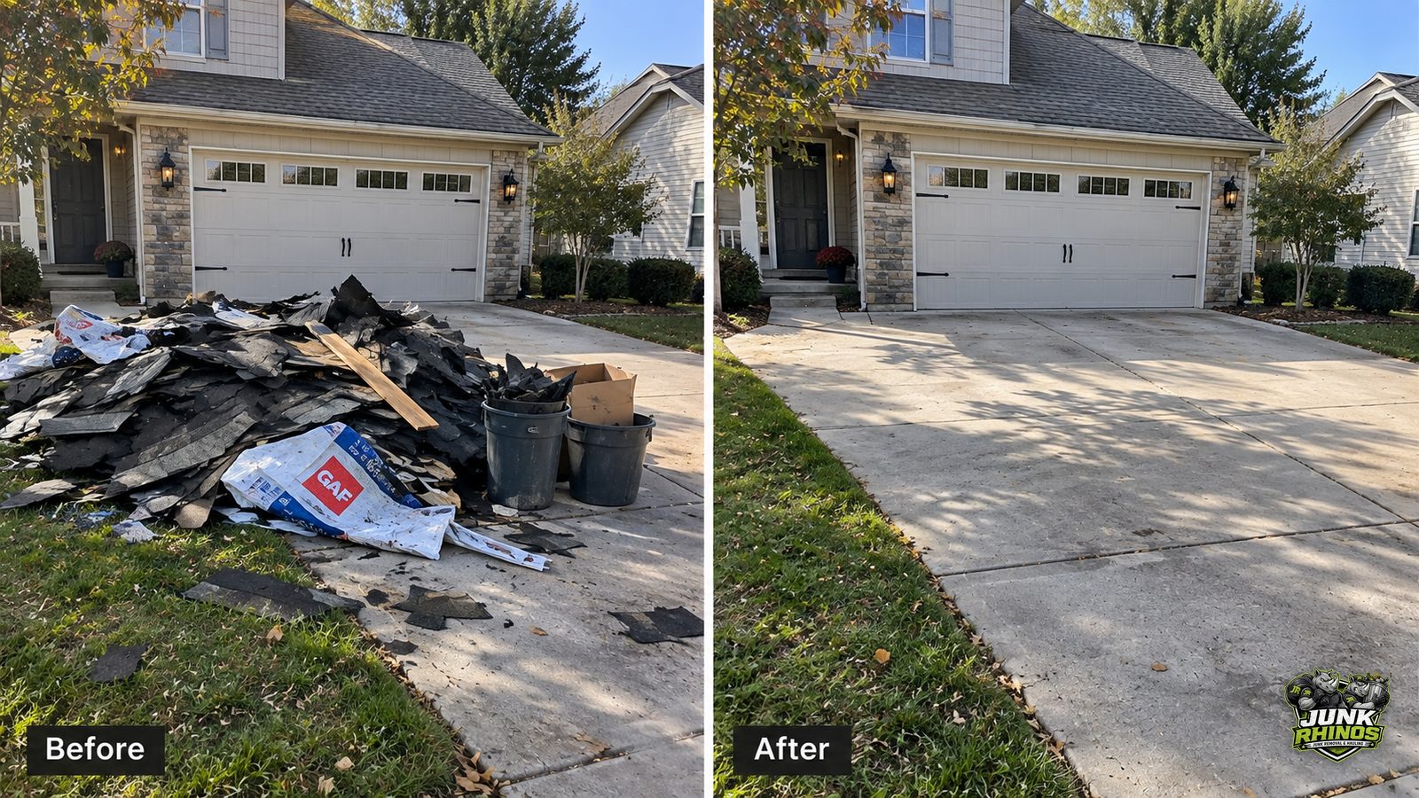 Before and after of a driveway piled with torn-off roofing shingles and tear-off debris, cleared.
