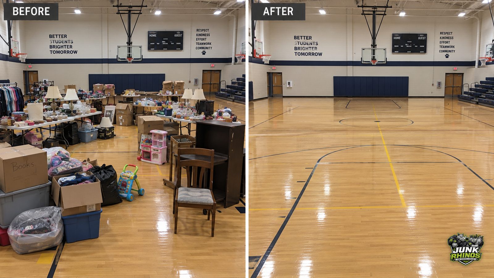 Before and after of a school gym cleared of rummage sale tables, boxes and leftover donations.