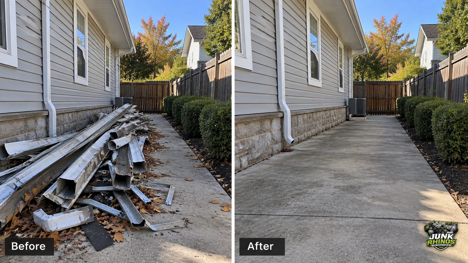 Before and after of a narrow side yard cleared of twisted scrap metal, trim and jobsite debris.