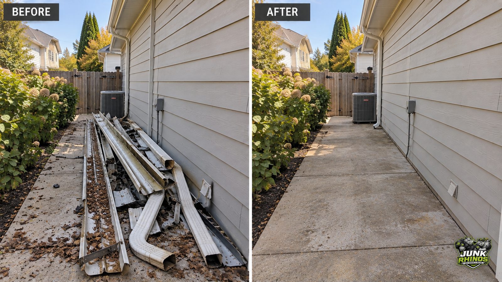 Before and after of a side yard with scrap metal siding and gutter offcuts hauled away.