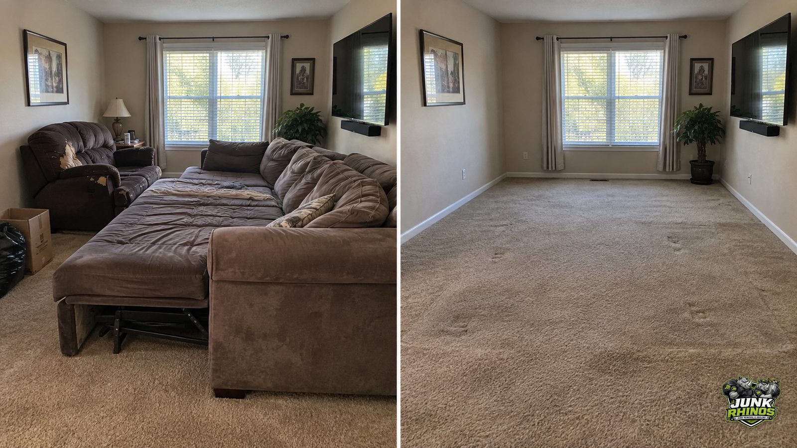 Before and after of a living room with an oversized sectional sofa and recliner hauled out.