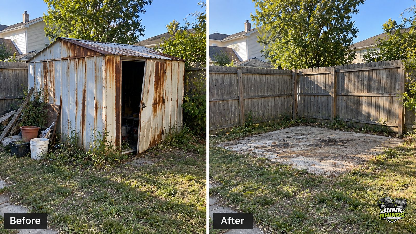 Before and after of a rusted metal backyard shed taken down and hauled away.