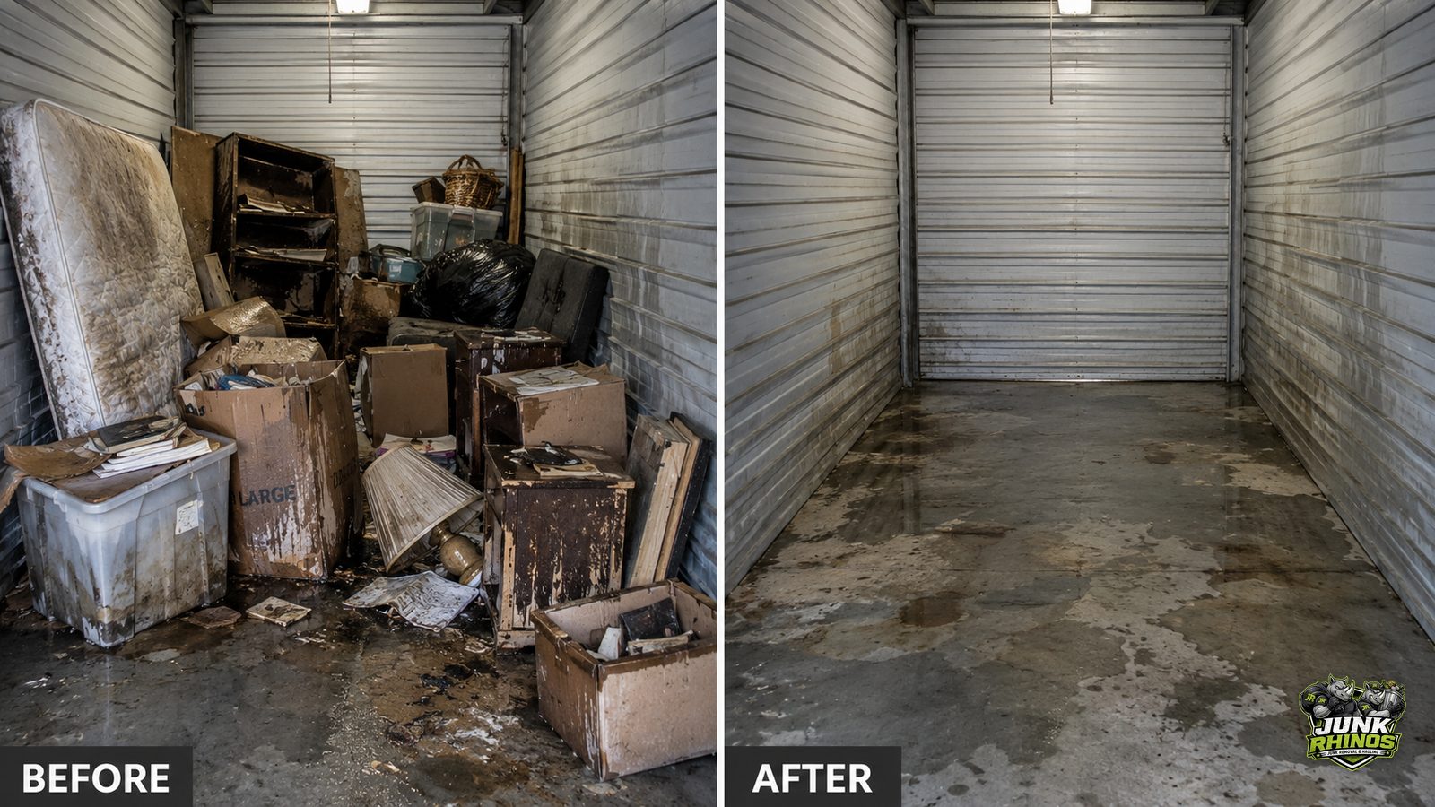 Before and after of a storage unit packed with water-damaged furniture and boxes, emptied.