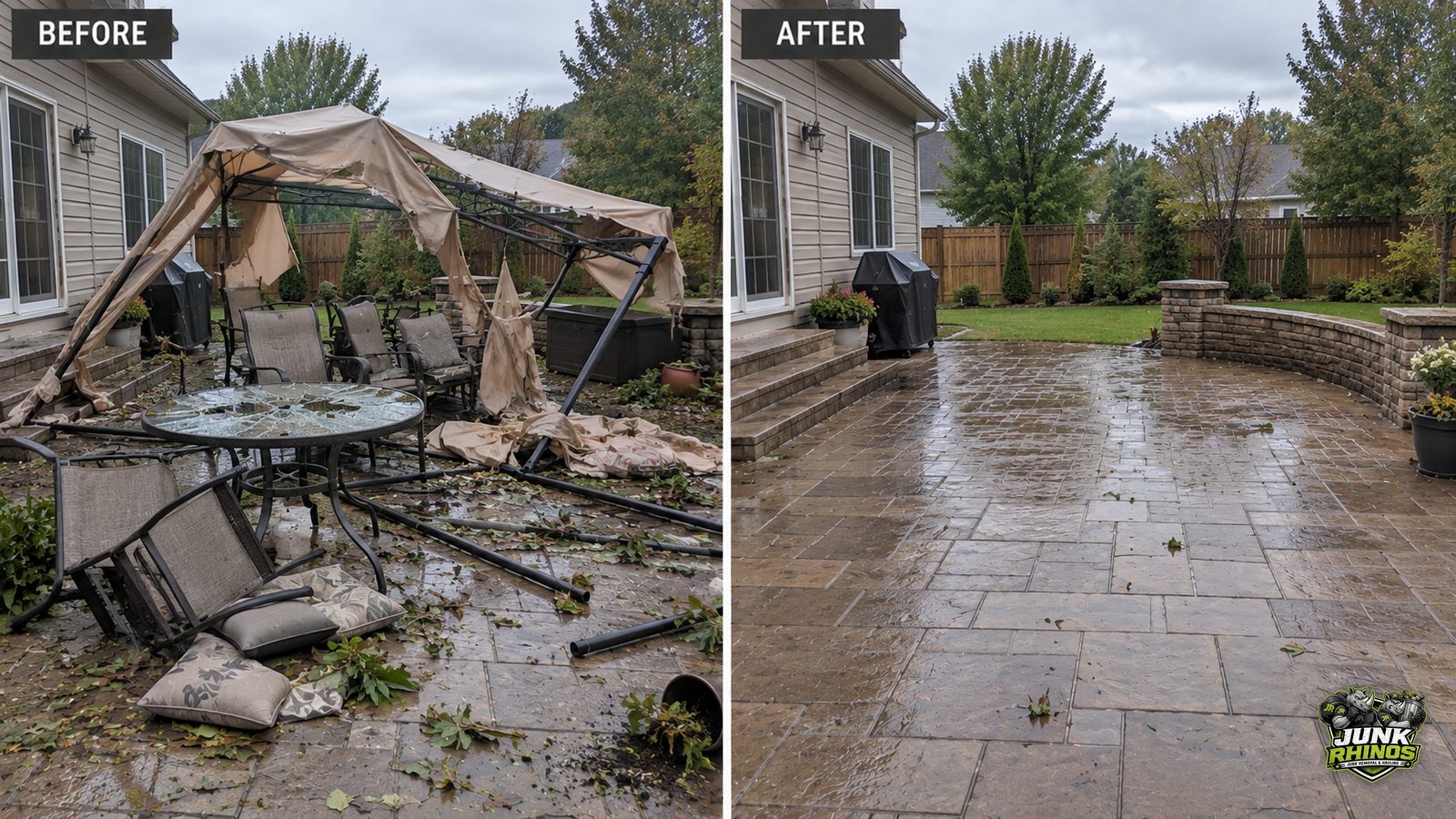 Before and after of a patio cleared of a collapsed gazebo and storm-damaged outdoor furniture.