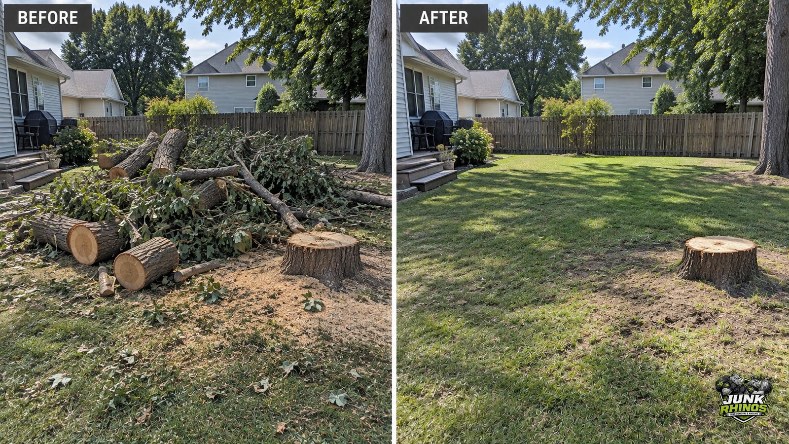 Before and after of a backyard with a pile of cut logs and storm-downed branches cleared.