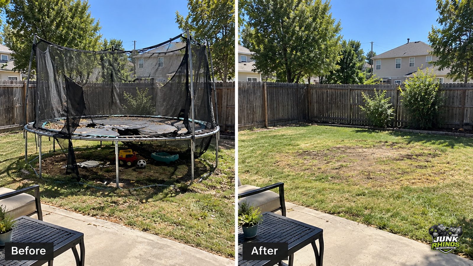 Before and after of a backyard with an old trampoline and safety net taken apart and hauled away.