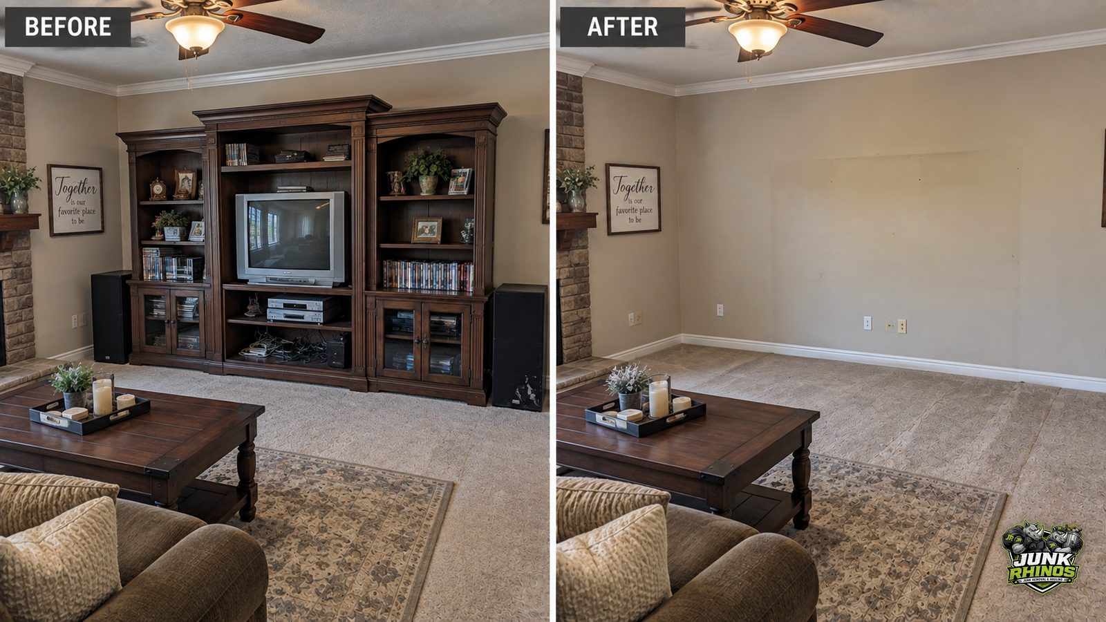 Before and after of a living room wall with a tube TV and large wooden entertainment center removed.