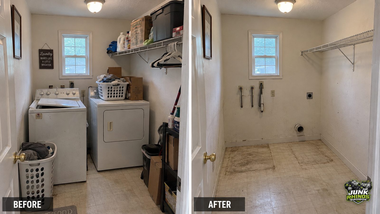 Before and after of a laundry room with an old washer, dryer and stored clutter hauled away.