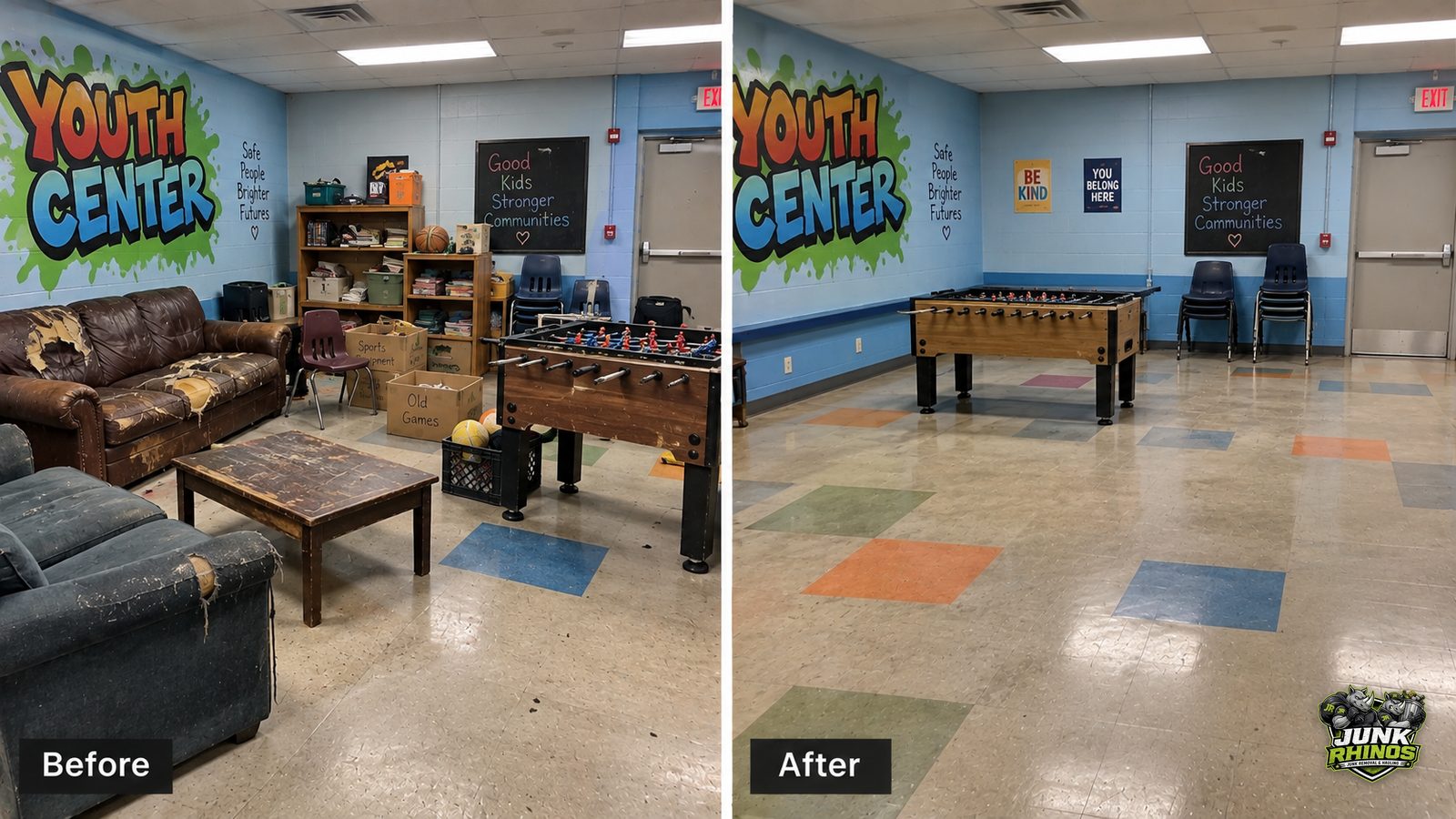 Before and after of a youth center lounge with worn couches, a foosball table and boxes removed.