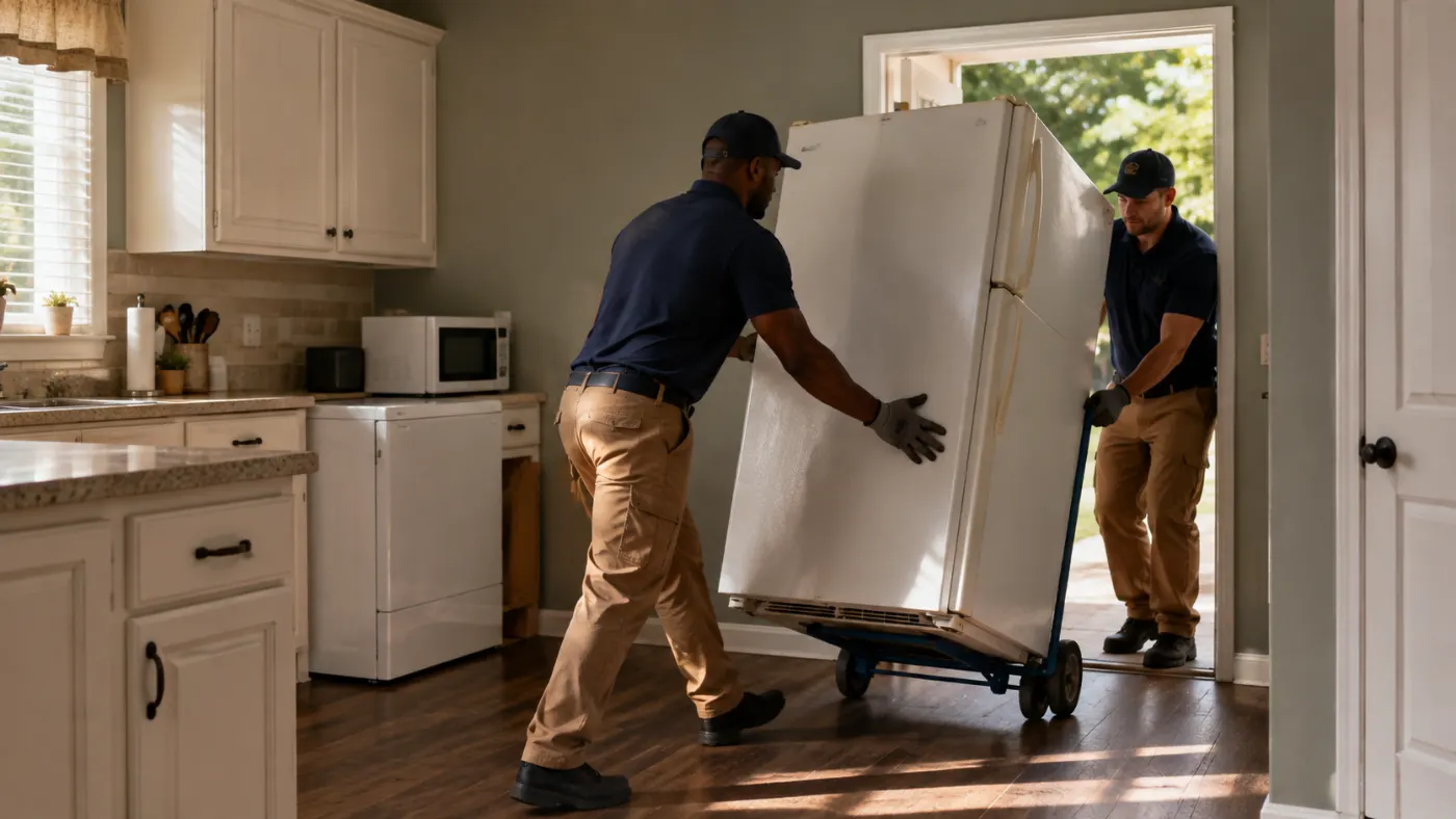 Crew wheeling an old refrigerator out of a kitchen on a dolly