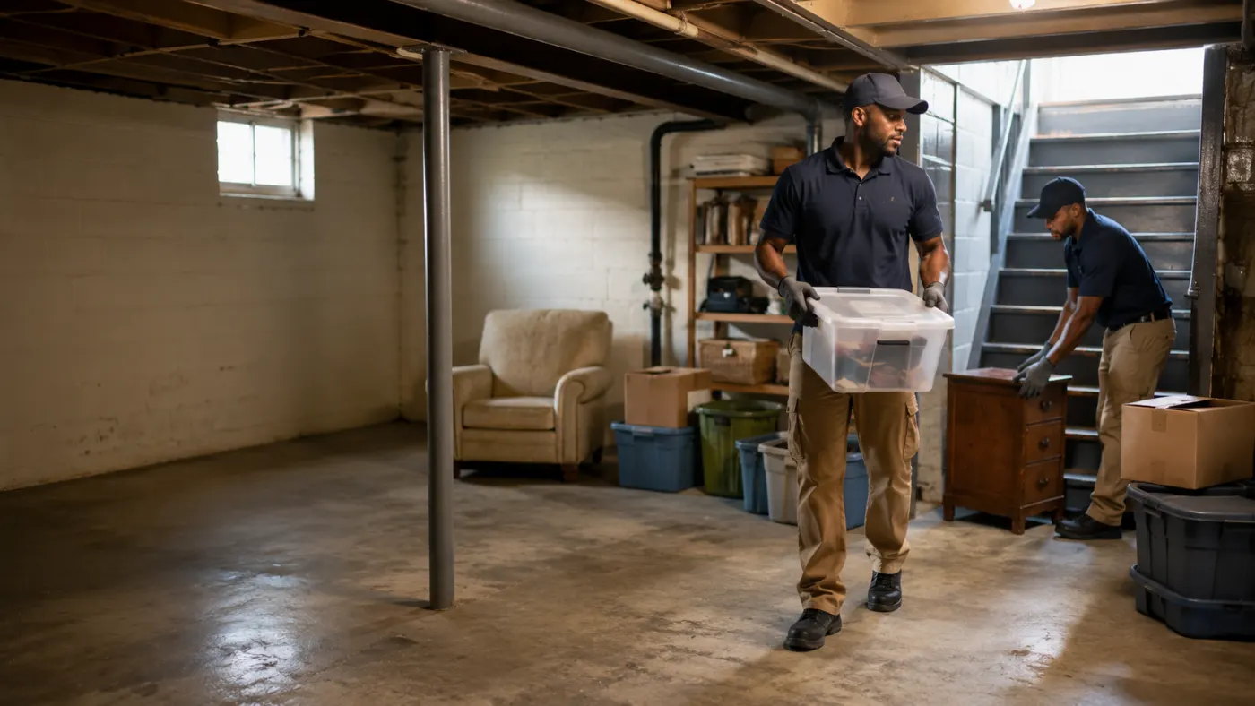 Crew carrying a storage bin and furniture up out of a basement