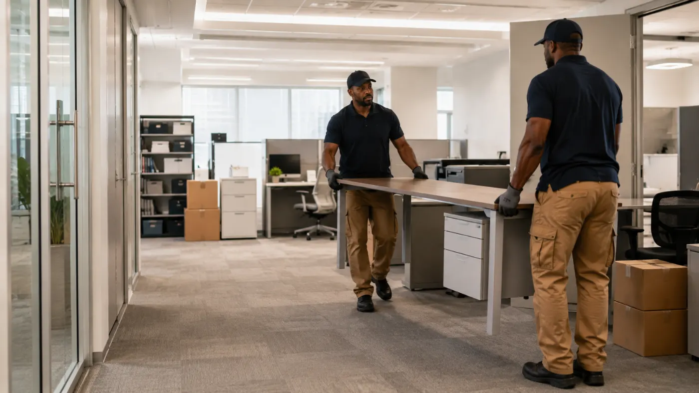 Two crew members carrying a desk out of an open-plan office