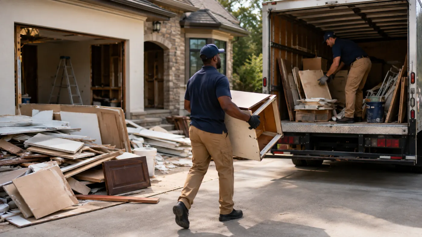 Crew loading drywall, cabinets and renovation debris into the truck