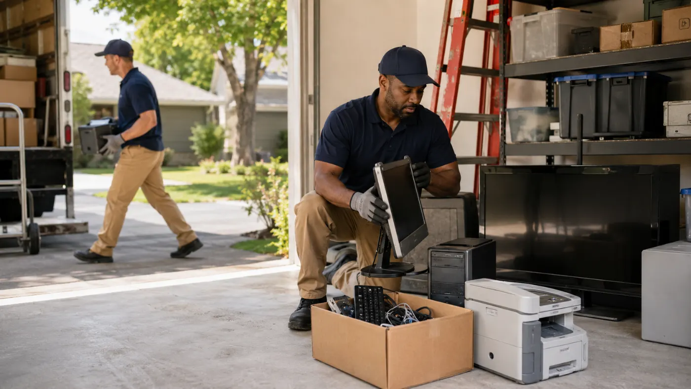 Crew member gathering monitors, a printer and a box of cables in a garage