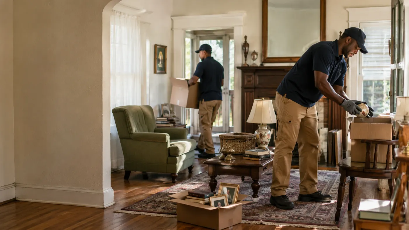 Crew member carefully boxing keepsakes during an estate cleanout