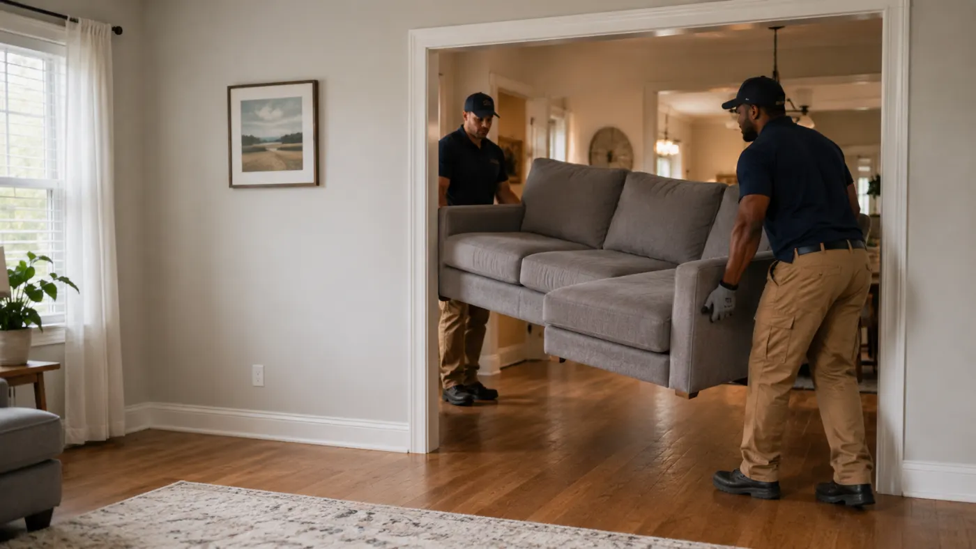 Two crew members carrying a grey sofa out through a doorway