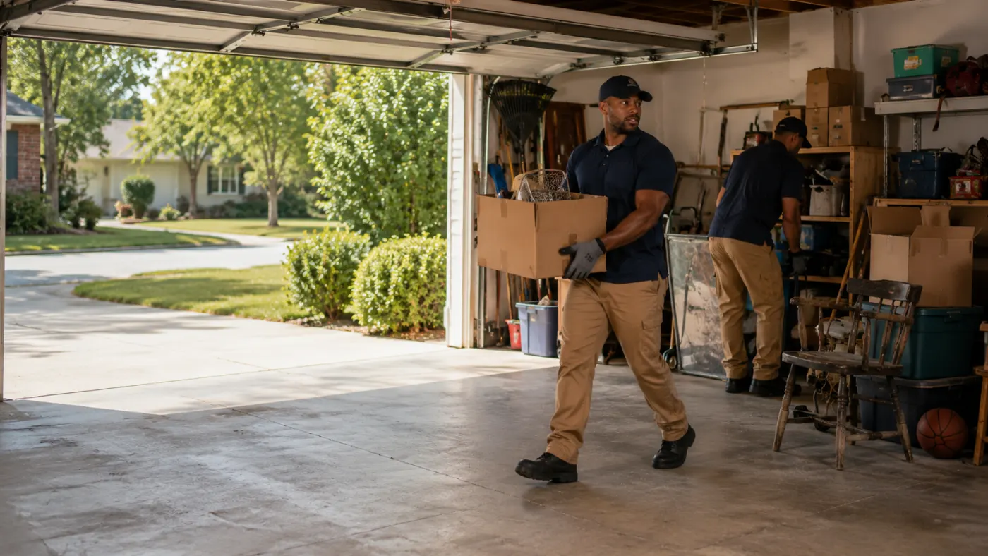 Crew clearing boxes and stored items out of a packed garage