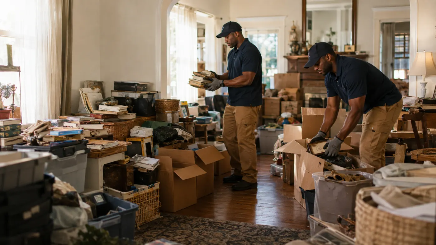 Crew sorting books and belongings carefully in a heavily filled room