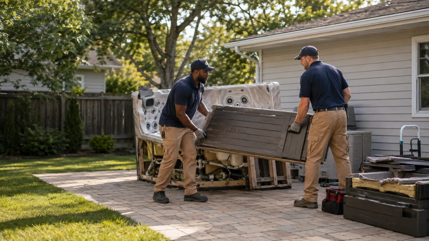 Two crew members dismantling a hot tub on a backyard patio