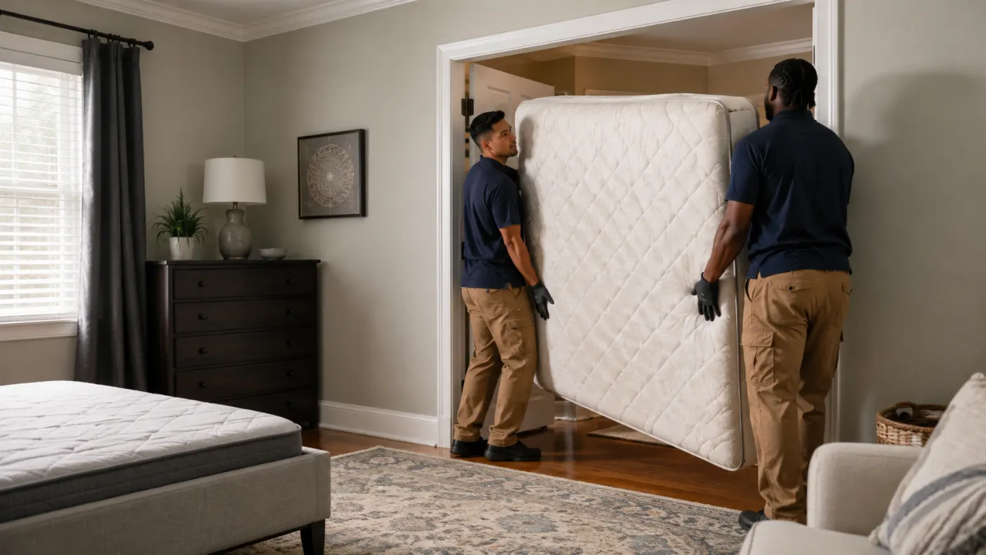 Crew carrying a mattress out of a bedroom through the doorway