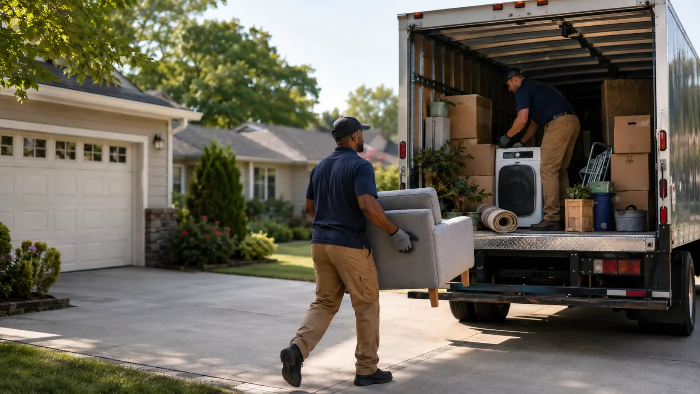 Junk Rhinos crew loading an armchair and a washer into the truck in a driveway