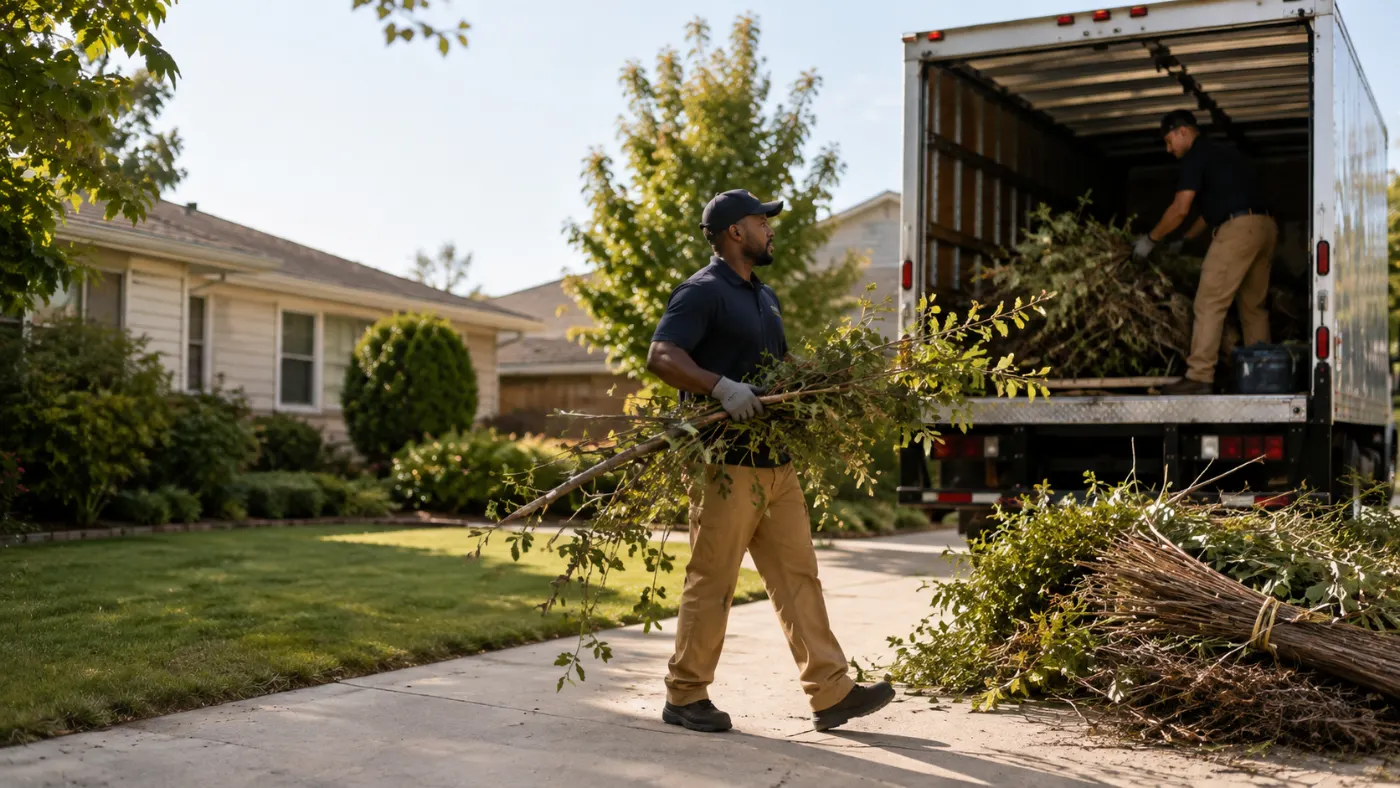 Crew member carrying tree branches to the truck at the curb